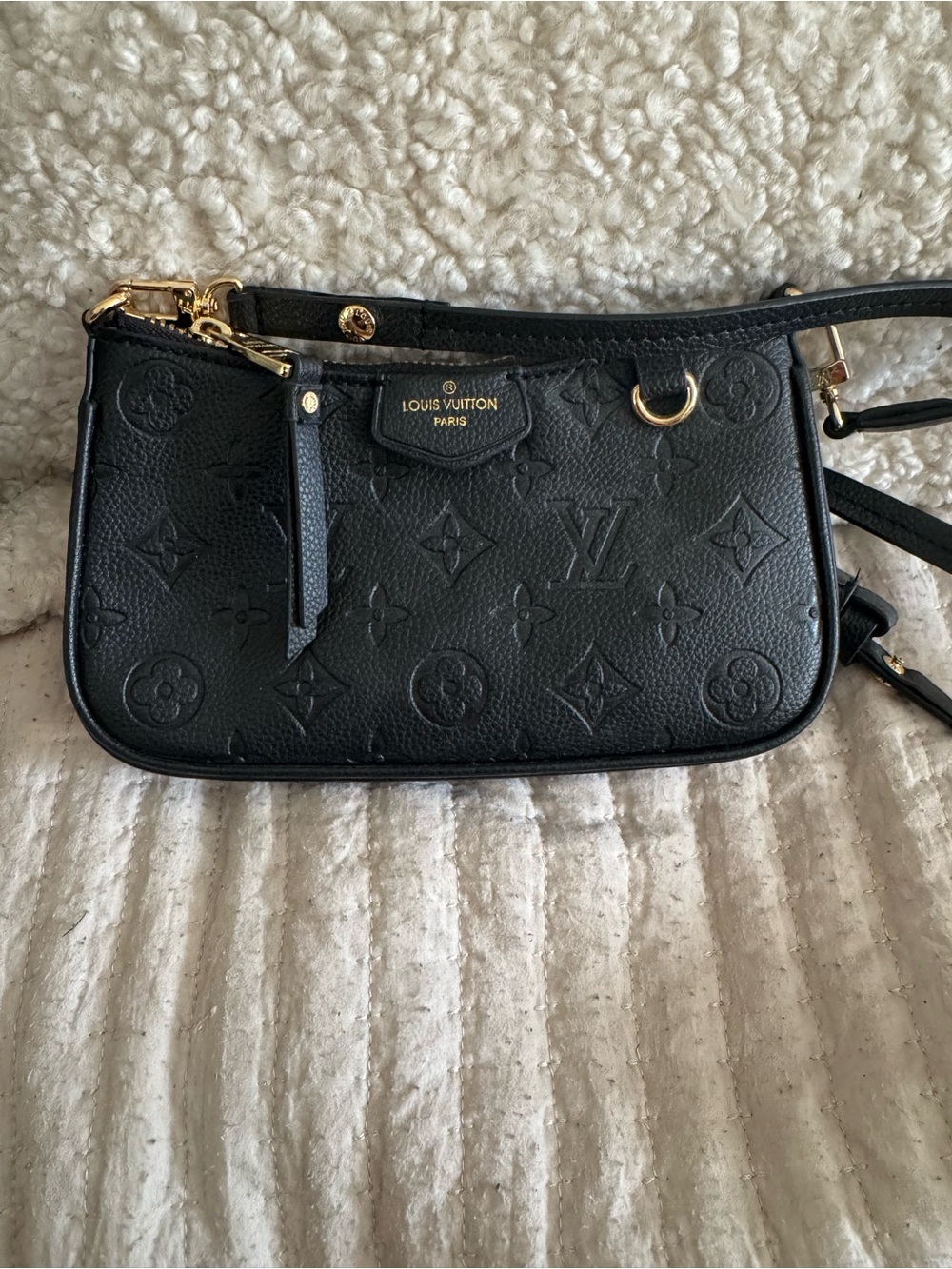 Black Embossed Monogram Crossbody Pouchette with Gold Hardware